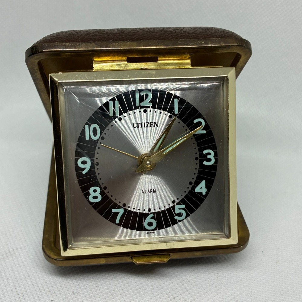 Vintage Citizen Travel Clock 2 Jewels Mechanical Wind-Up Brown Case